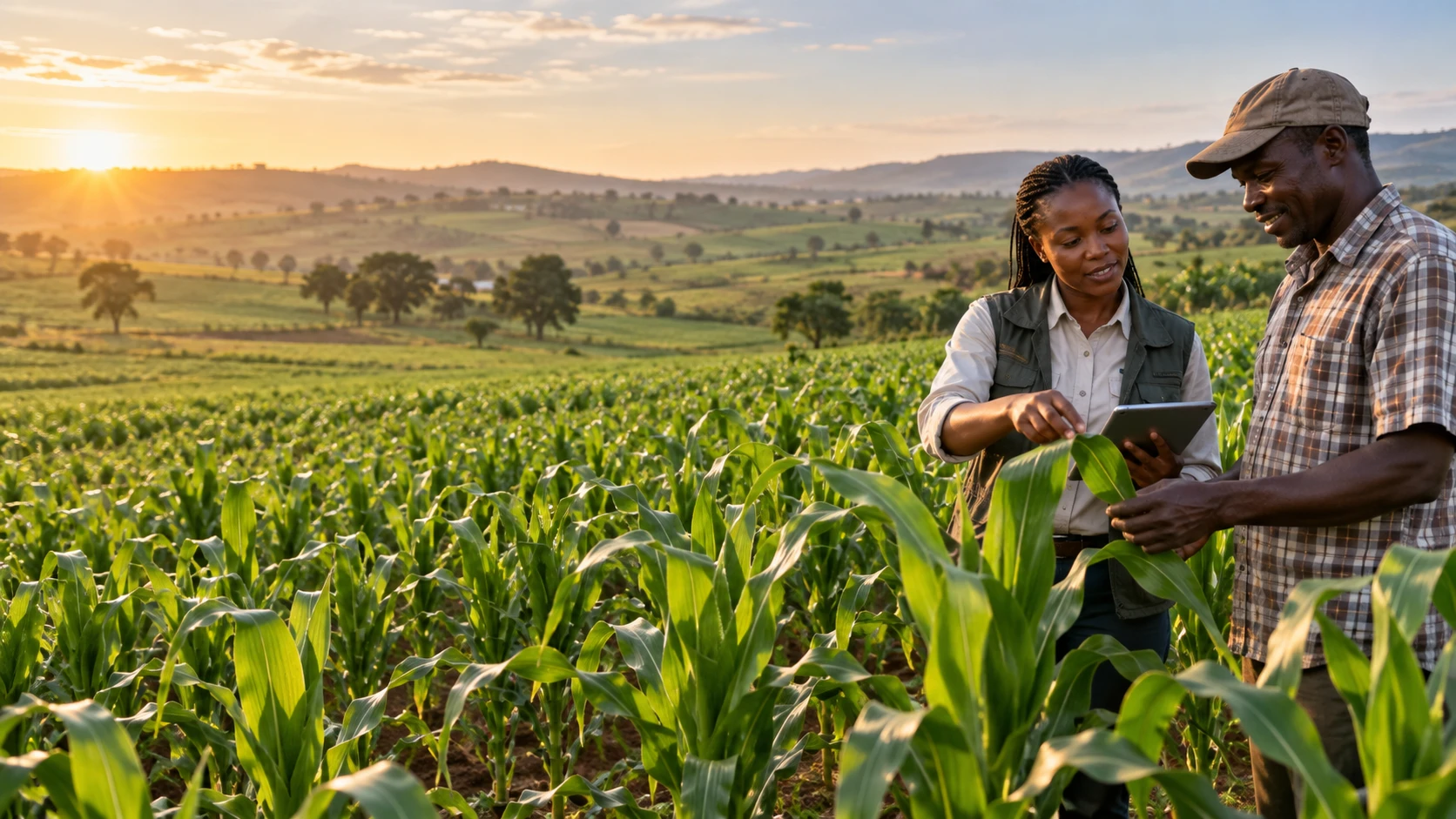 Deux professionnels africains dans un champ de maïs, illustration