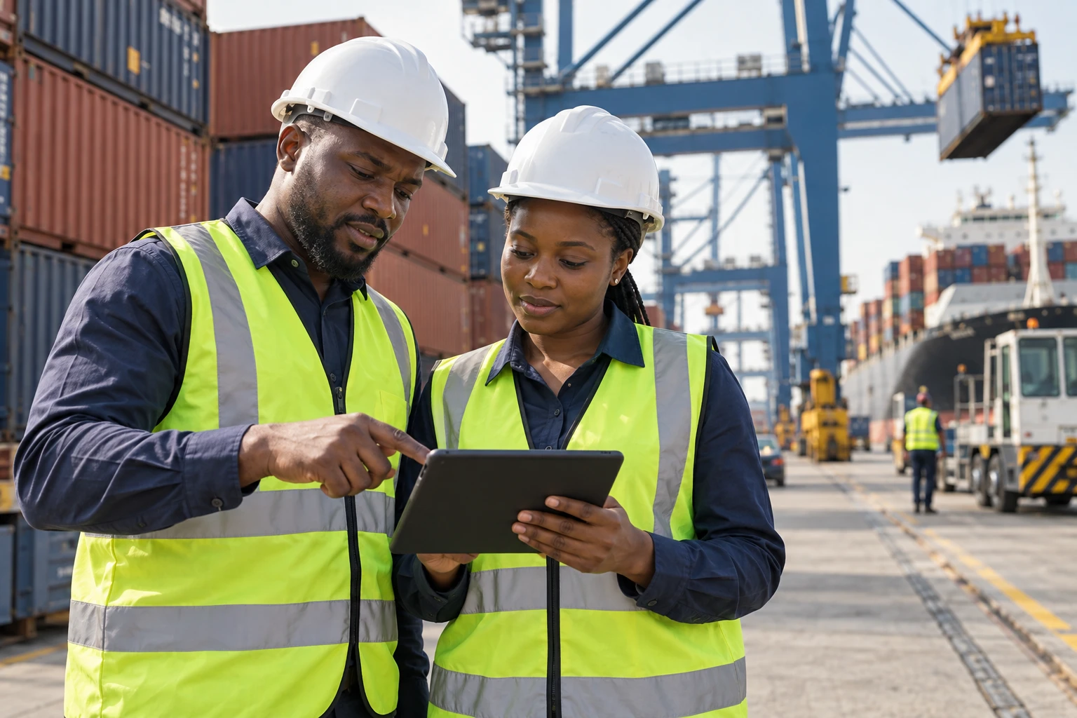 Professionnels de la logistique dans un port, illustration